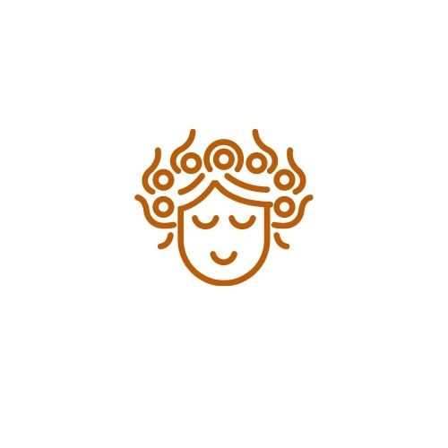 orange monochrome drawing of person with wild curly hair