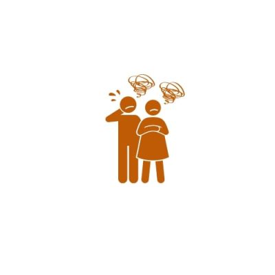 orange monochrome image of man and woman with emotion cloud above their heads.